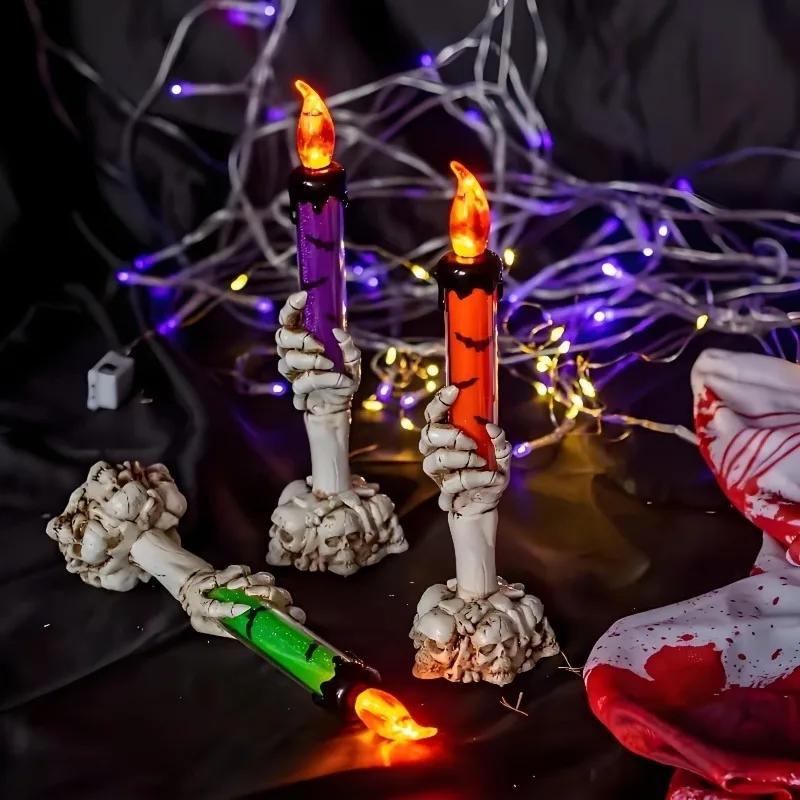 1-3PCS LED Skull Hand Candle Light Battery Operated Flame Effect HalloweenGothic Decoration for Haunted HouseTable Hanging Decor