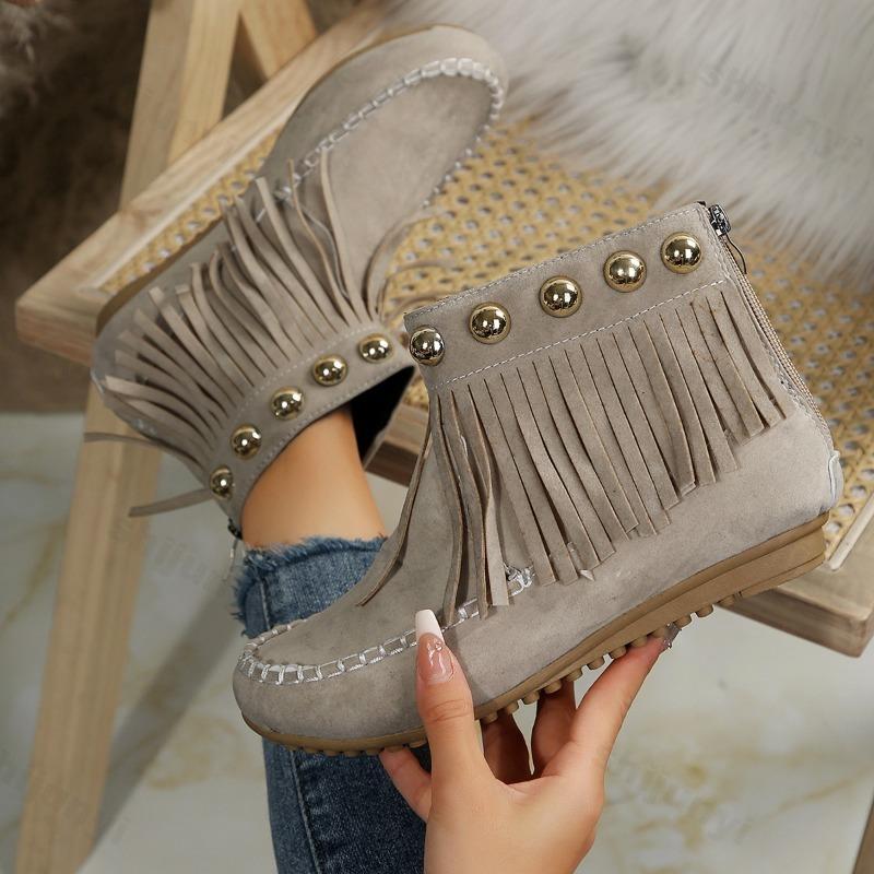 Women Boots Autumn Fashion Tassel Suede Frosted Slip on Ankle Boots Vintage Rivet Flat Casual Shoes Round Toe Zapatos De Mujer