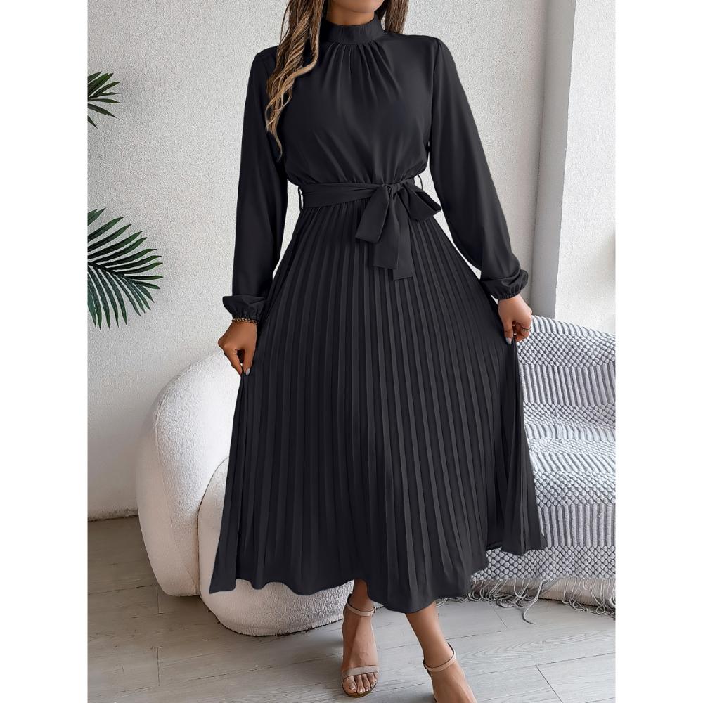 Herbst und Winter Elegantes Stehkragen Langarm Taille Falten Langer Rock Kleid