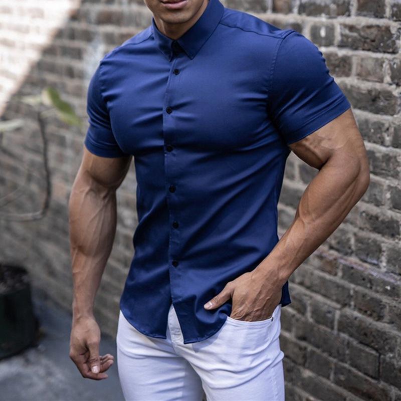 Fitness Short Sleeved Lapel Shirt Elastic Thin Style Solid Color Sports Casual Cardigan Shirts for Men
