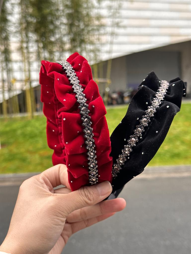 Black Diamond Pleated Gold Velvet Headband, High-End Aristocratic Elegant Rhinestone Headband, Popular Hair Accessories for Women
