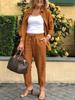 Retro Cropped Linen Harem Pants Set with Belt - Loose Fit, Solid Color