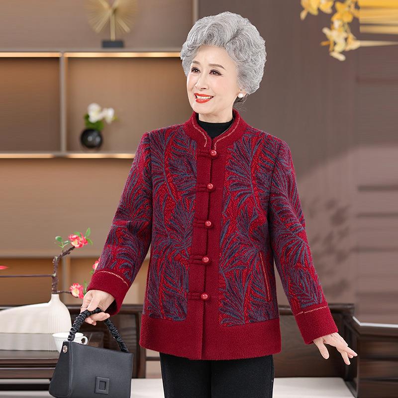 Women's Plus Velvet Woolen Coat for 60s-70s, Mid-aged and Elderly Autumn/Winter Fashion Overcoat