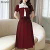 ZANZEA Women Short Sleeve Blouse and Midi Skirts Summer Two Piece Suit Sets