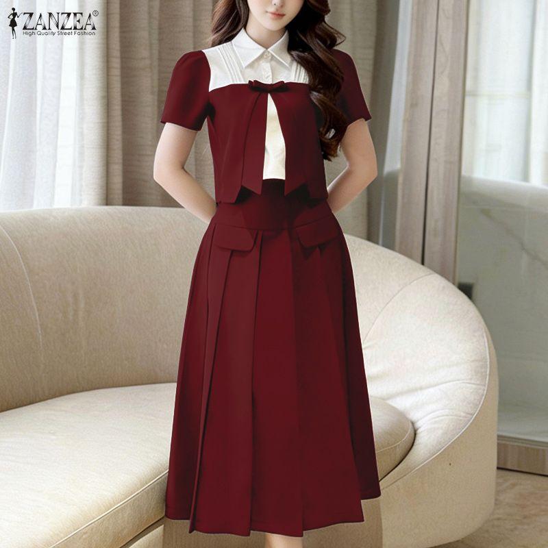 ZANZEA Women Short Sleeve Blouse and Midi Skirts Summer Two Piece Suit Sets