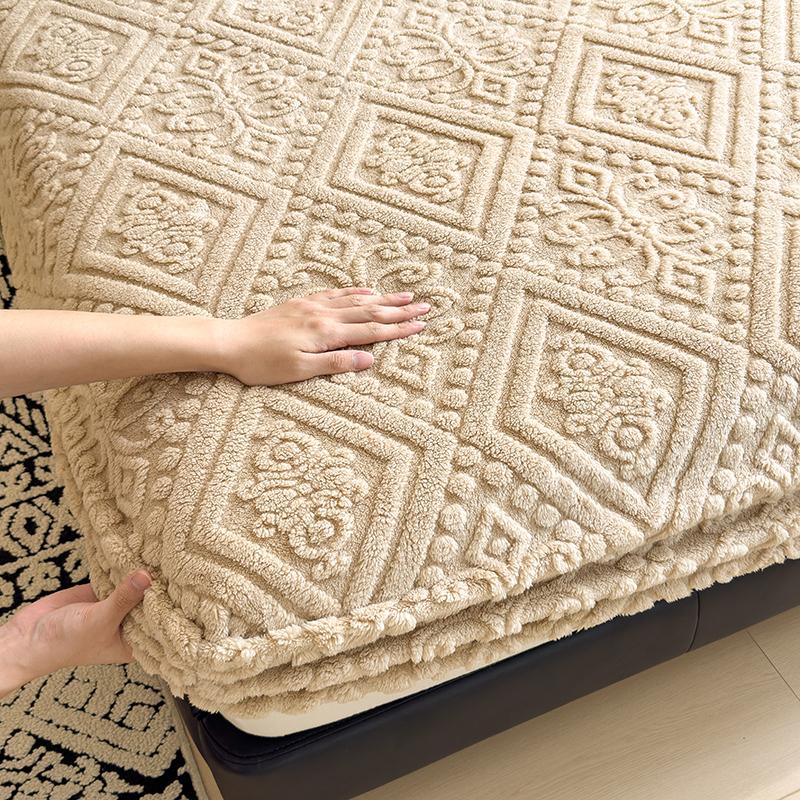 WOSTAR Winter Warm Coral Fleece Fitted Sheet Elastic Mattress Protector Cover Retro Style Bed Linens Luxury Double Bed King Size