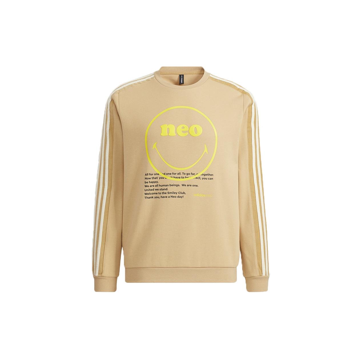 Men s adidas neo x SMILEY Crossover Smly Swt Smiling Face Printing Stripe Sports Round Neck Pullover Khaki H45522 L