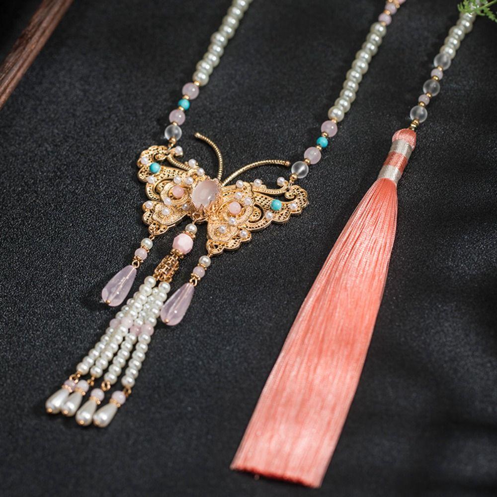 Butterfly Chinese Pearl Necklace Tassel Ethnic Style Choker Elegant Hanfu Necklace Collar