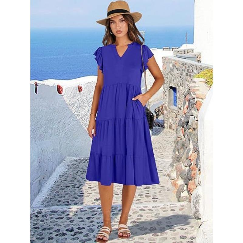 V-neck Fashion Elegant Summer Lotus Leaf Sleeve Dress Large Swing Pocket Party Dress Solid Color Casual Sweet Mid Length Splicing Dresses