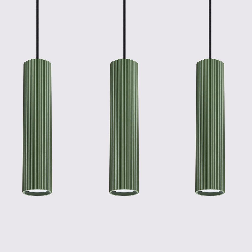 Lampa Wisząca Nowoczesna Zielona Oliwkowa Listwa Trzy Karbowane Tuby Do Kuchni Nad Wyspę 3Xgu10 10W Karbon Sollux Lighting