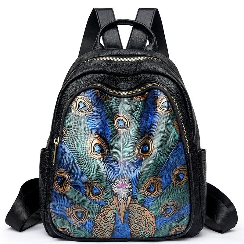 Ethnic Style Peacock Embossed PU Leather Backpack for Women Vintage Large Capacity Convertible Shoulder Bag