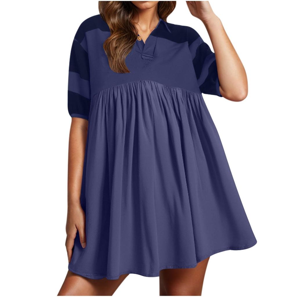 Women Babydoll Dress Striped Colorblock Pleated Oversized Short Sleeve Collar T-Shirt Dress