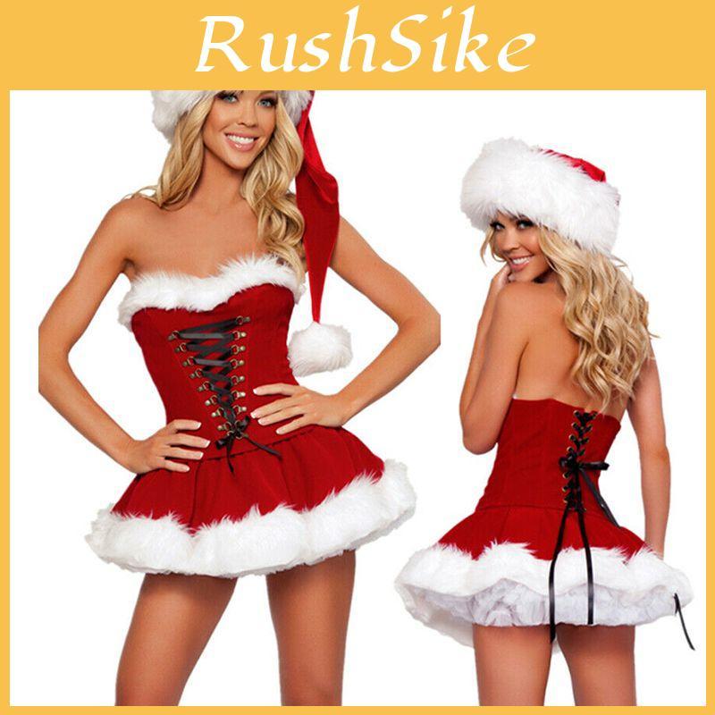 Festive Mini Red Velvet Costume Outfit For Women Featuring Santa Claus Design And Hat