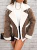 Women's Brown and White Contrast Faux Shearling Jacket with Gold Buttons