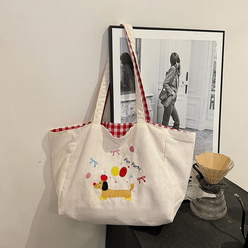 

Повседневная милая вышитая сумка-тоут через плечо с щенком, большая вместимость, новая осенне-зимняя вельветовая клетчатая сумка двойного назначения для женщин