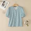 ZANZEA Women Casual V-Neck Loose Half Sleeve Stripe Blouse