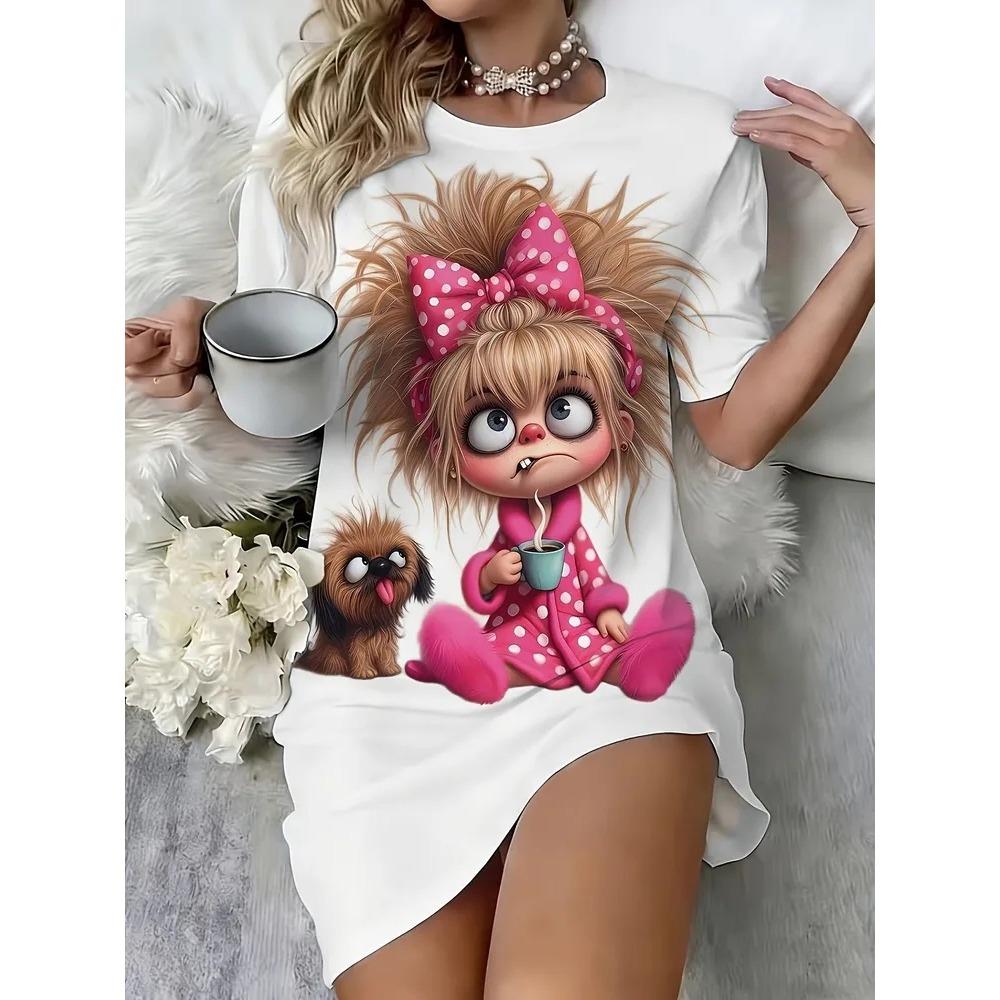 Summer Fashion Comfortable Breathable Round Neck Short Sleeved Dresses Women Cartoon Cute Portrait 3d Print Plus Size Loose Dresses
