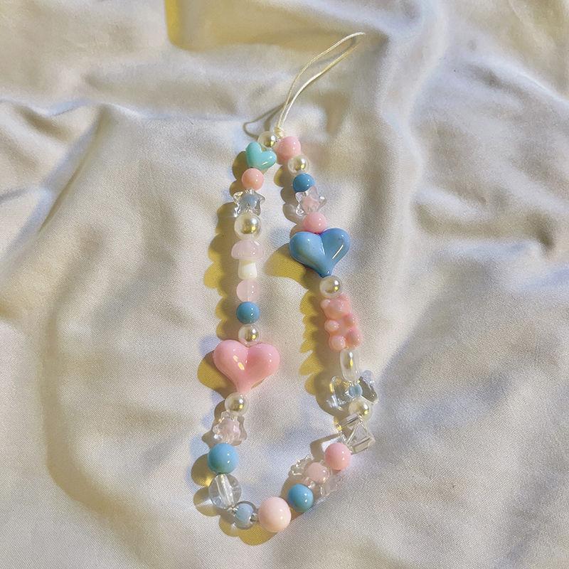 Bracelet de perles d'amour pour femmes, petit nœud en cristal frais, fleurs, amour, chaîne de téléphone portable, anti-chute, accessoires de coque de téléphone portable, DIY