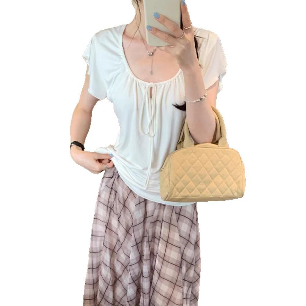 Gentle and relaxed vacation lace-up waist short-sleeved T-shirt women's summer new thin and versatile old money top