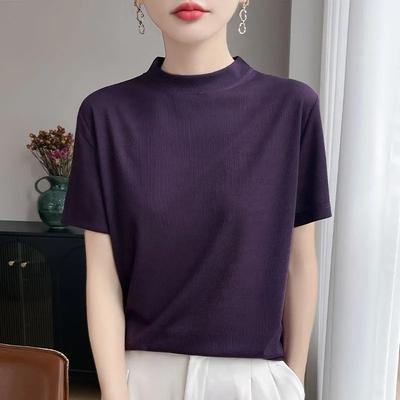 T-shirt décontracté à col montant pour femme Tricot côtelé Manches courtes Couleur unie Coupe ample Haut d'été