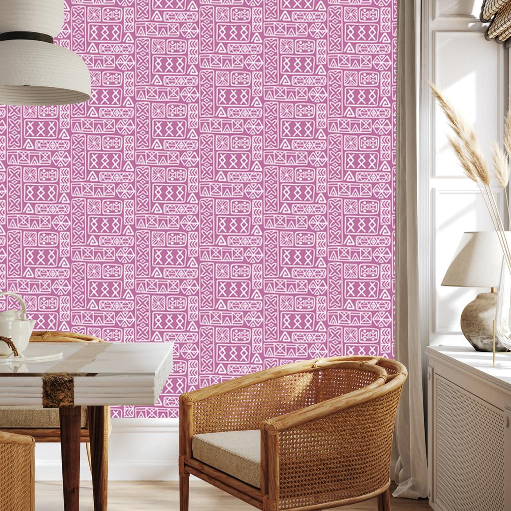 Polynesian Geometric Pattern Wallpaper Purple and Powder Pink 50x1000