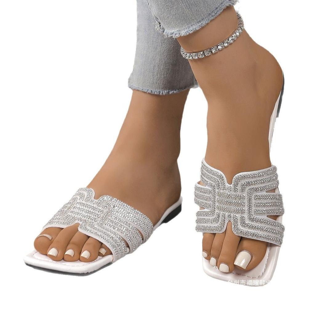 2025 flat-bottomed cool slippers women's casual fashion rhinestone beach one-word slippers 36-43 large size slippers