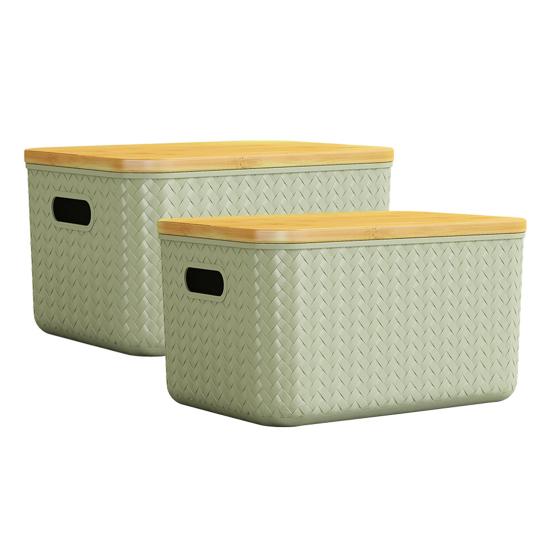 2 Pcs Organizing Boxes Hard Large Capacity with Bamboo Lid Dustproof Handle Holes Cosmetic Toys Clothes Sundries Storage Box Stackable Desktop