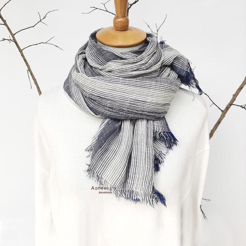 Striped men's cotton and linen scarf, literary style, personality, natural wrinkle, casual and good with fringed silk scarf women