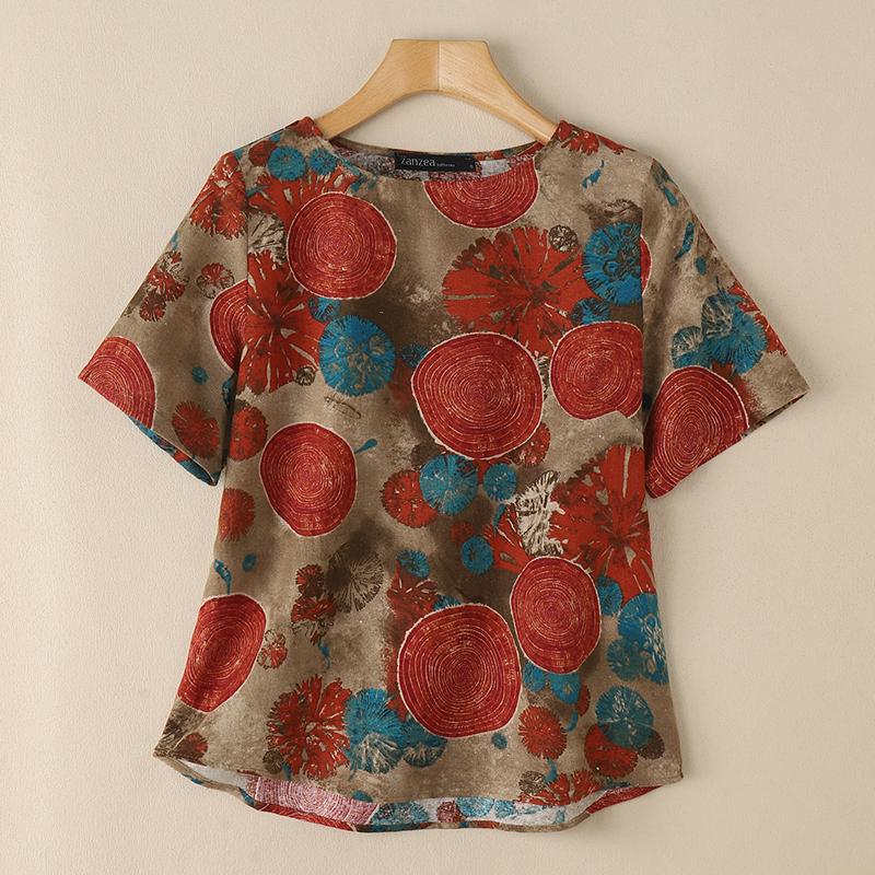 ZANZEA Womens Print Casual Round Neck Loose Half Sleeve Blouse