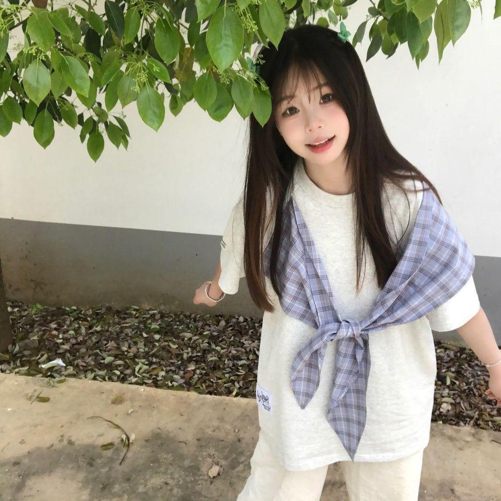 Women's Summer Plaid Bow Short Sleeve Korean Tee