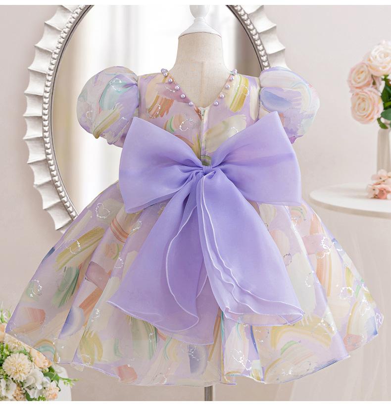 Mädchenkleid Sommer Neu Koreanisch Prinzessin Mesh Perle Rundhals Große Schleife Puffärmel Flauschiges Kleid Kinderkleidung Mädchen