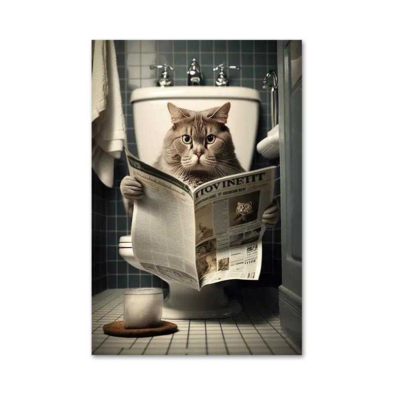 Funny Bathroom Humorous Animal Bear Dog Tiger Sitting On Toilet Reading Newspaper Canvas Painting Posters and Prints Wall Art