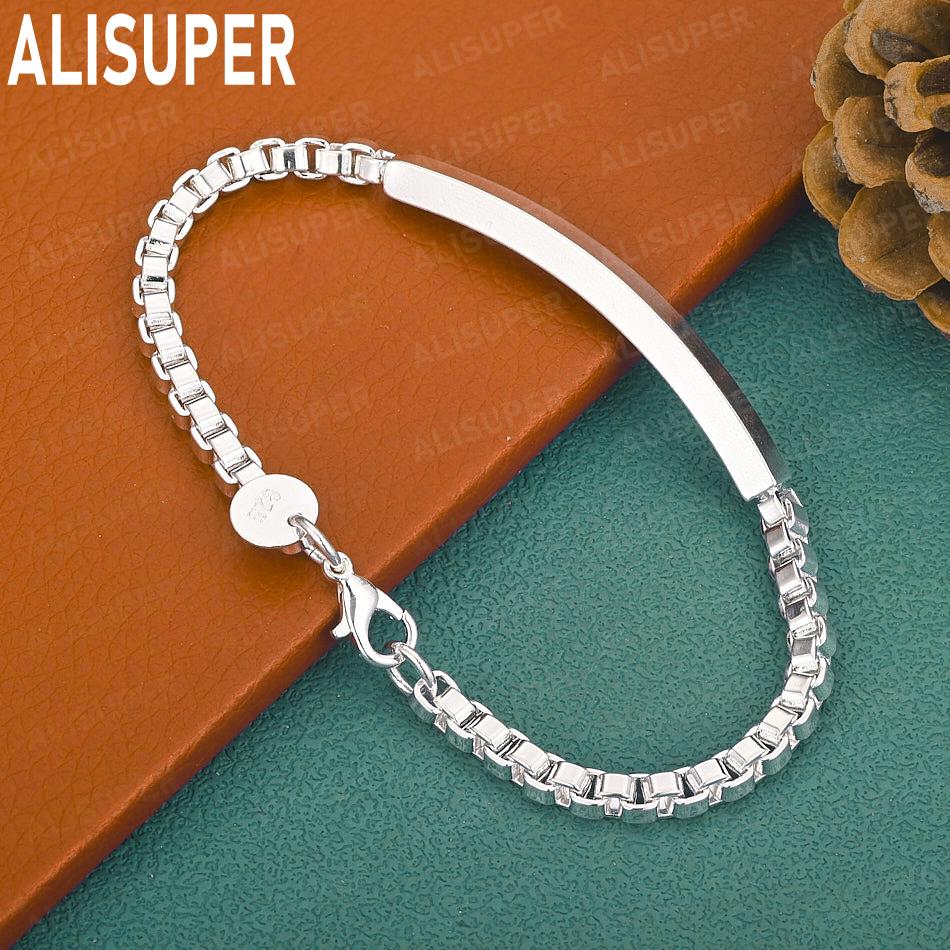 925 Sterling Silver 4mm Nameplate Side Chain Bracelet Gift Jewelry 20CM