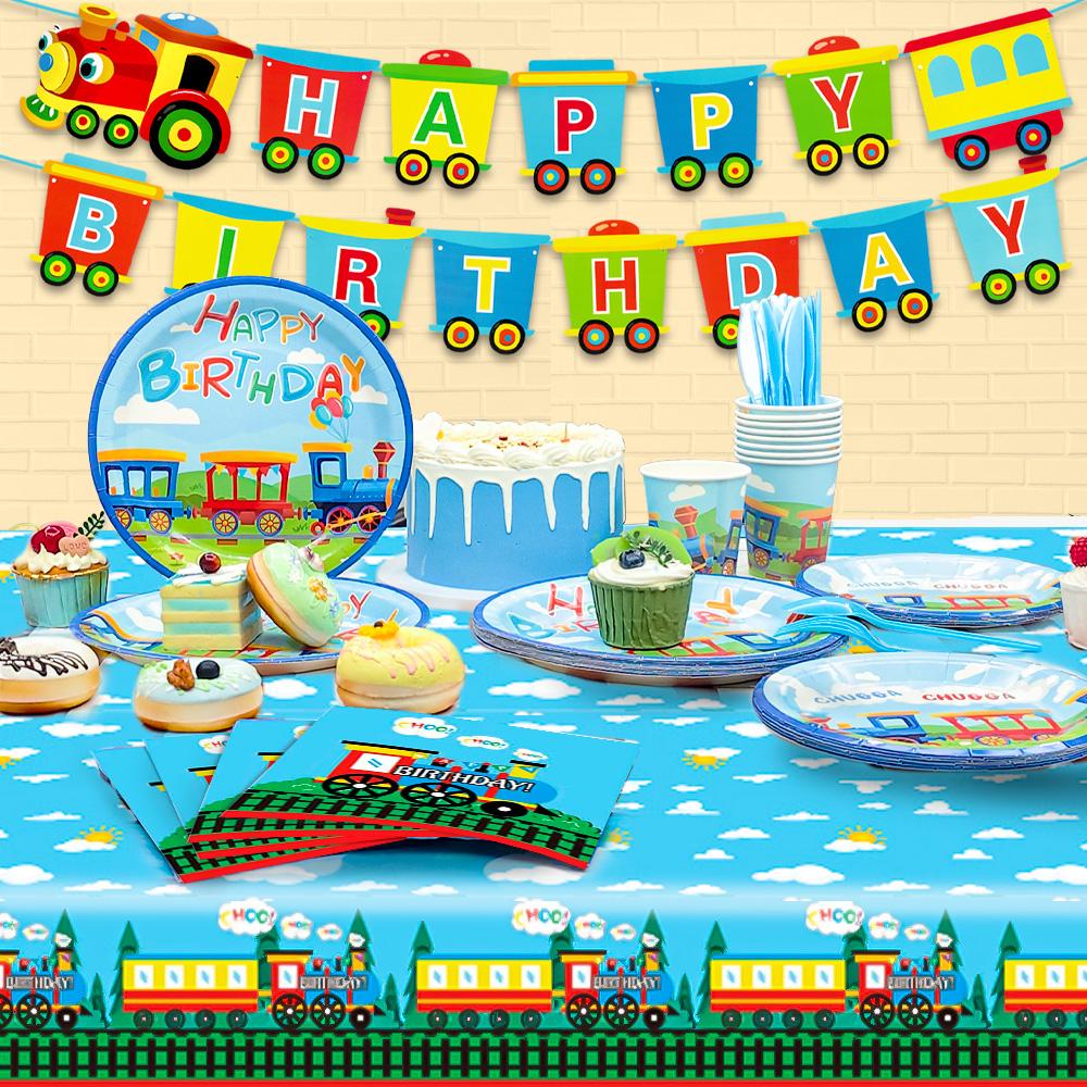 128pcs Train Birthday Party Supplies, Train Party Decorations Tableware Set - Train Plates and Cups Napkins & Train Birthday Banner Tablecloth etc