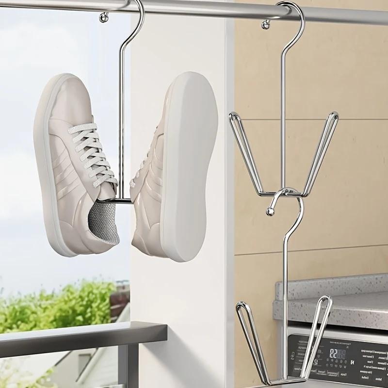 Stainless Steel Shoe Rack, Multi-Functional Shoe Rack with Double Hook Design, Shoe Drying Rack for Dehumidifying Hanging Shoes