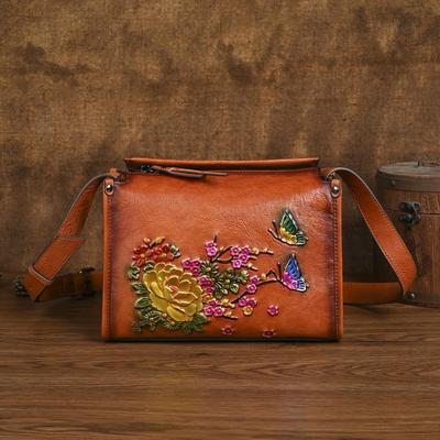 Women's Shoulder Bags Handmade Embossed Genuine Leather Bag Retro Floral Crossbody Bags
