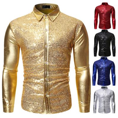 Chemise de scène pour hommes, manches longues, revers, simple boutonnage, coupe cintrée, paillettes brillantes, chemise de spectacle sur scène, Streetwear