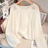Sweet Openwork Round Neck Beaded Sunscreen Loose Knit Top for Women