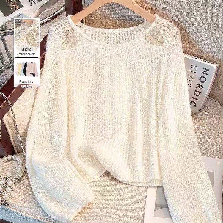Sweet Openwork Round Neck Beaded Sunscreen Loose Knit Top for Women