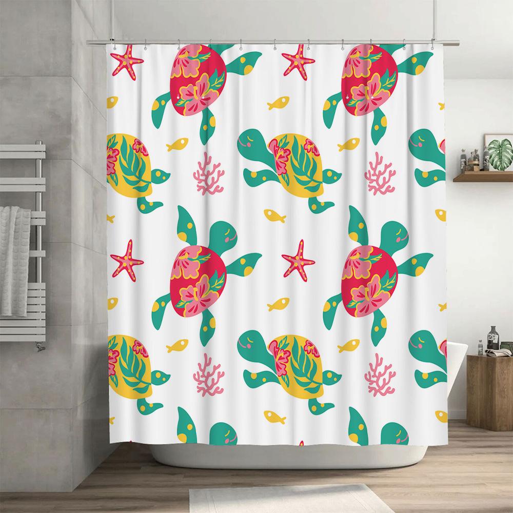 Vibrant Turtle Flower Shower Curtain Tropical Fish Bath Decor Set White Backdrop with Colorful Sea Life Print
