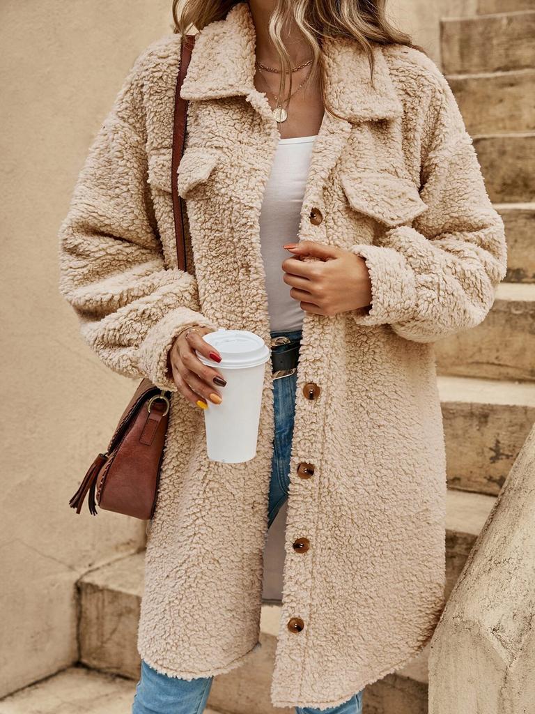 New European and American winter open-button lapel plush jacket loose temperament long coat women