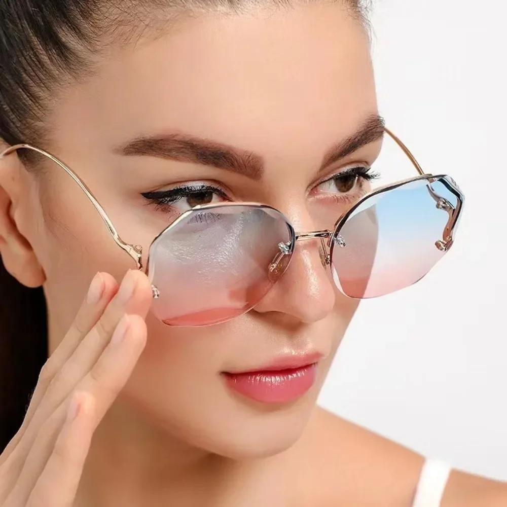 Rimless Sunglasses for Women/Men Colour Polygonal Large Frame Gradient Sunscreen Eyeglasses Gafas De Sol
