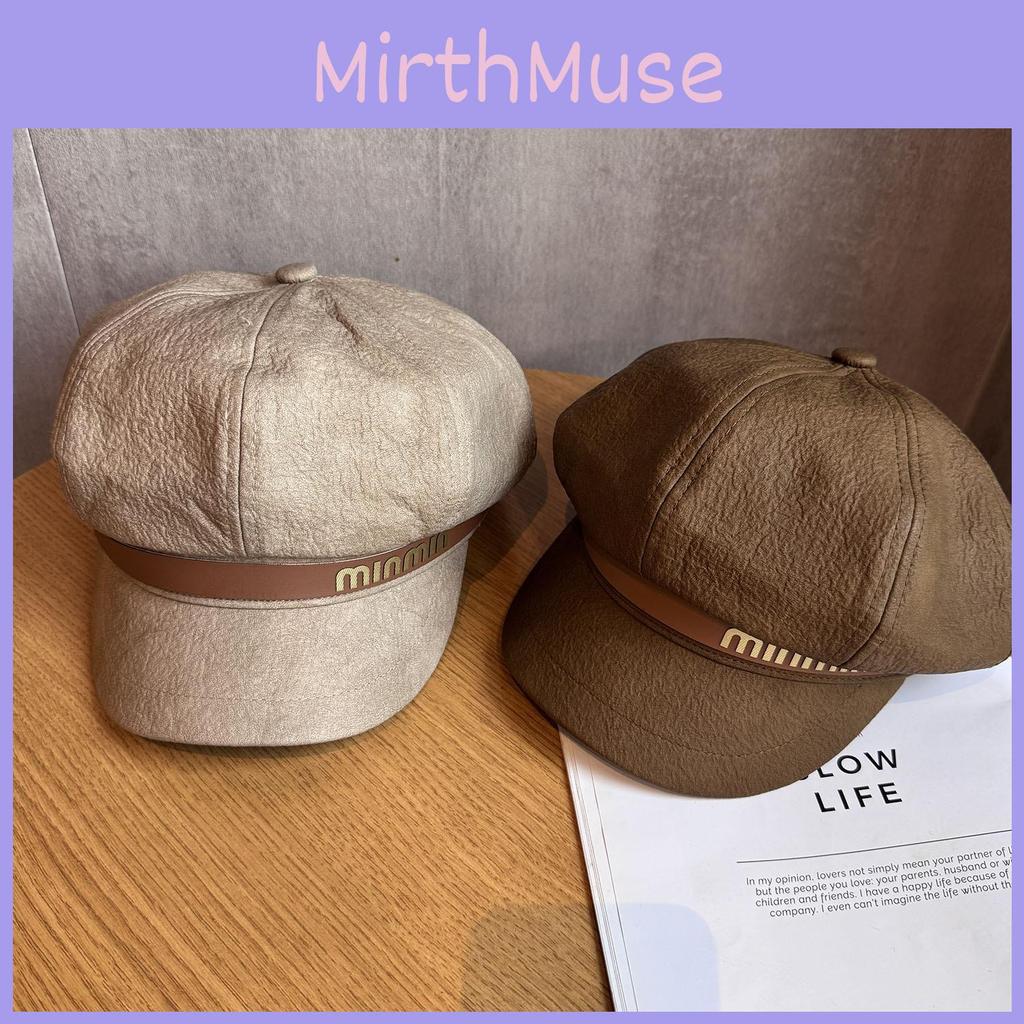 Letter Material Pu Curved Brim Octagonal Cap Cold Season Accessories Fashion