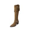 European and American Style Small Round Head Cow Anti-velvet Western Boots~ New Rivet Sleeve Thick Heel Medium Heel High Boots Fringed Boots Women