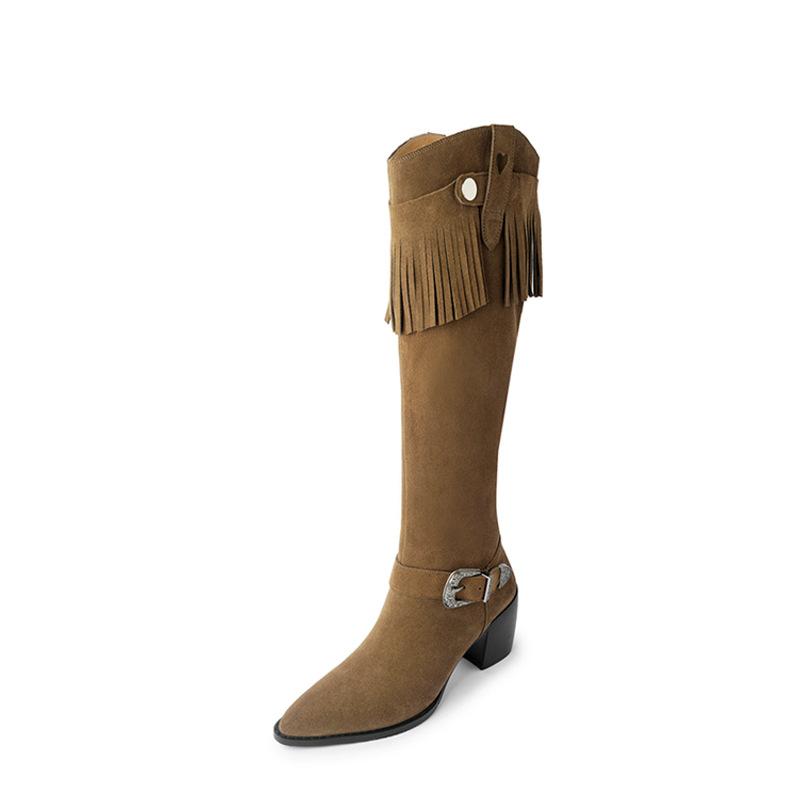 European and American Style Small Round Head Cow Anti-velvet Western Boots~ New Rivet Sleeve Thick Heel Medium Heel High Boots Fringed Boots Women