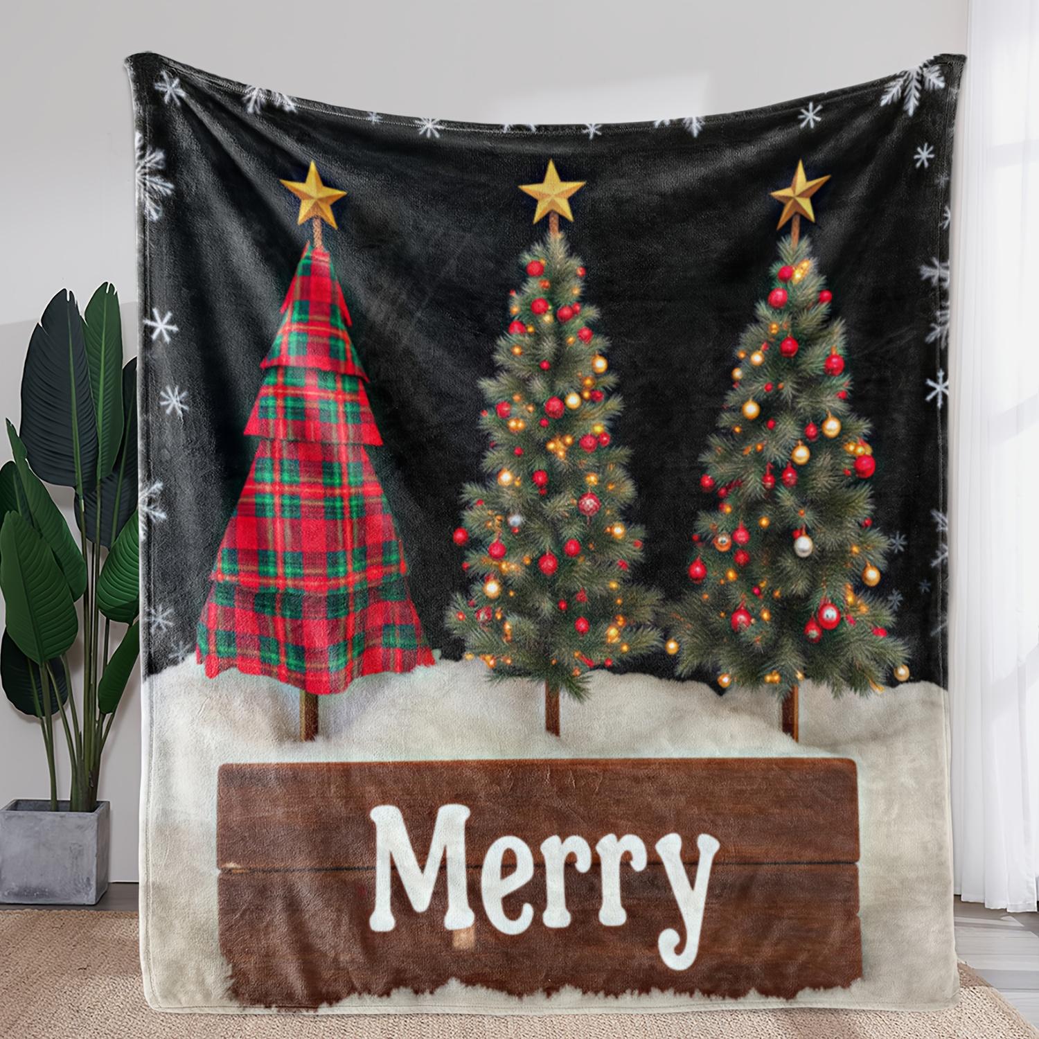 

1pc Vintage Christmas Tree Print Flannel Blanket - Soft Warm All-Season Throw with Plaid & Solid Color Design, Festive Holiday 130x150cm