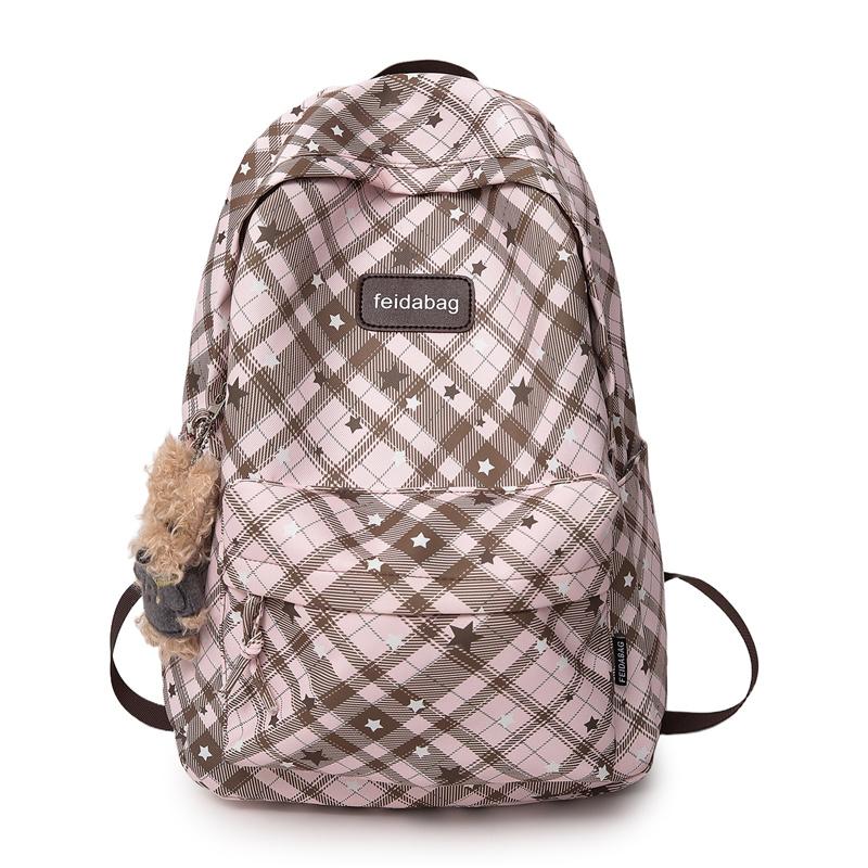 Schulrucksack für Studenten Damen Retro Karomuster Große Kapazität Reiserucksack