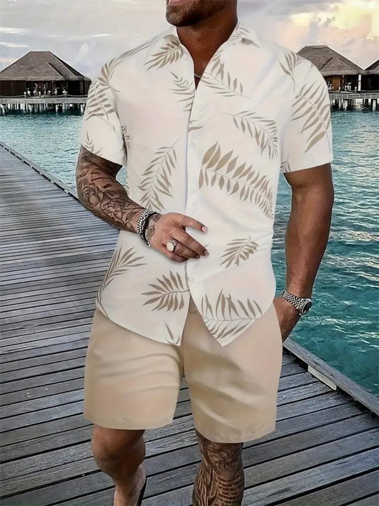 Hawaii Geometric Print Men's Shirt Casual Fashion Short Sleeve Shirt Shorts Set Men's Lapel Top Drawstring Shorts Two Piece Set