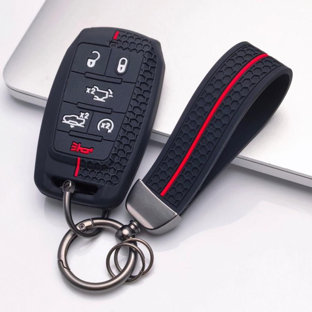 Silicone Key Fob Cover with keychain for Dodge Durango Challenger Charger Chrysler 300 for Jeep Grand Cherokee Grand Wagoneer Protective Case Fits 6