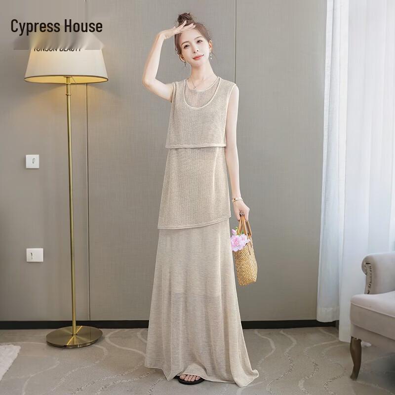 Women s Wool Blend Hollow Knit Sleeveless Top & Skirt Set L